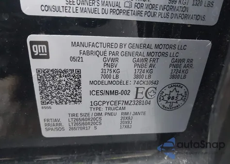 2021 Chevrolet Silverado 1500 Custom Trail Boss z USA, uszkodzony, nr VIN 1GCPYCEF7MZ328104